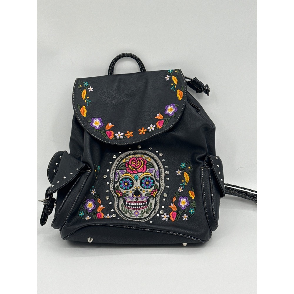 Embroidered Sugar Skull Floral Studded Black Faux Leather Backpack Daypack
